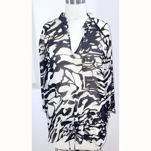 Anne Klein sheer abstract black/white tunic top blouse